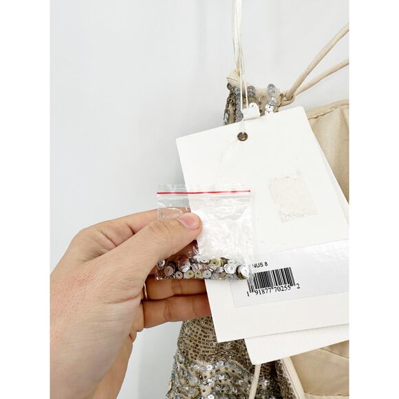 Mac Duggal 5687 Nude Silver Sequin Beaded Lace Up One Shoulder Formal Gown 8 - Picture 4 of 9